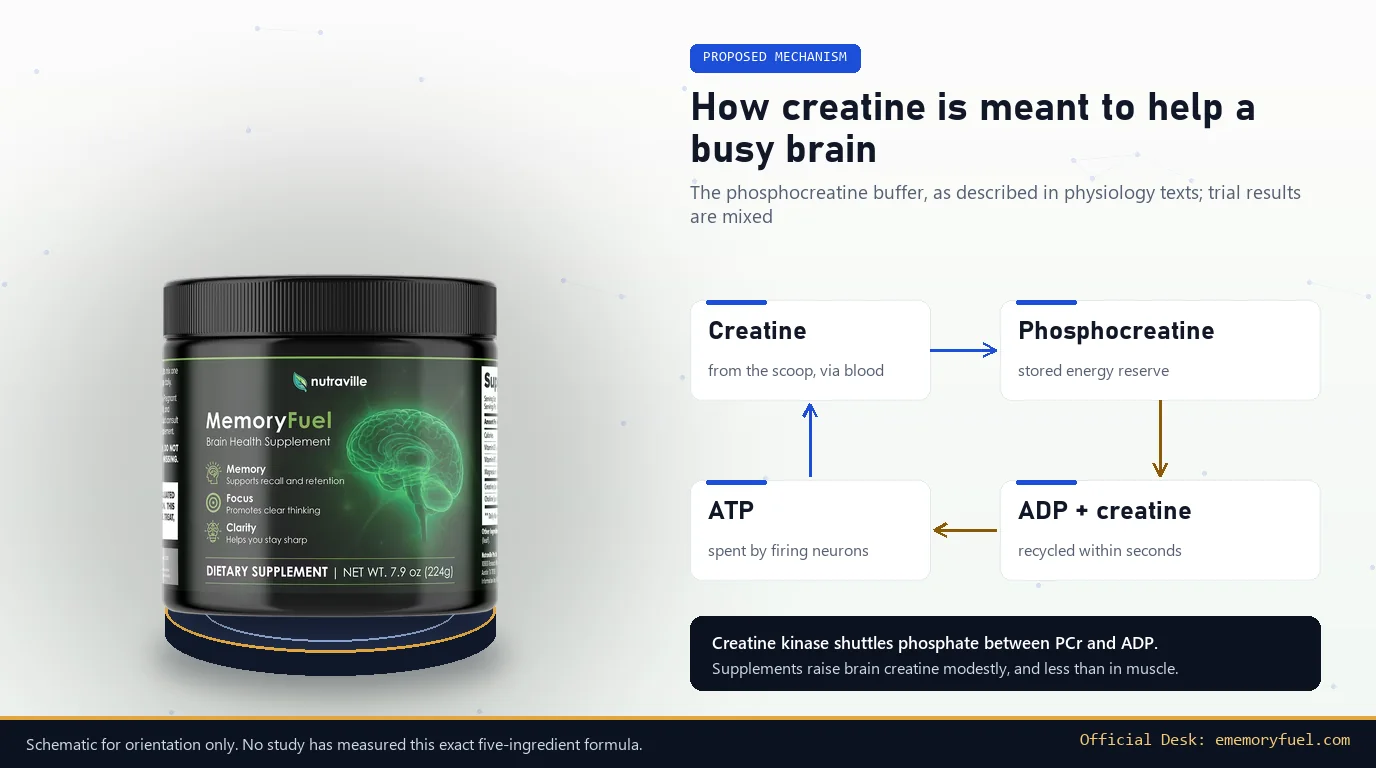 MemoryFuel jar beside a diagram of the creatine, phosphocreatine and ATP cycle with creatine kinase shuttling phosphate