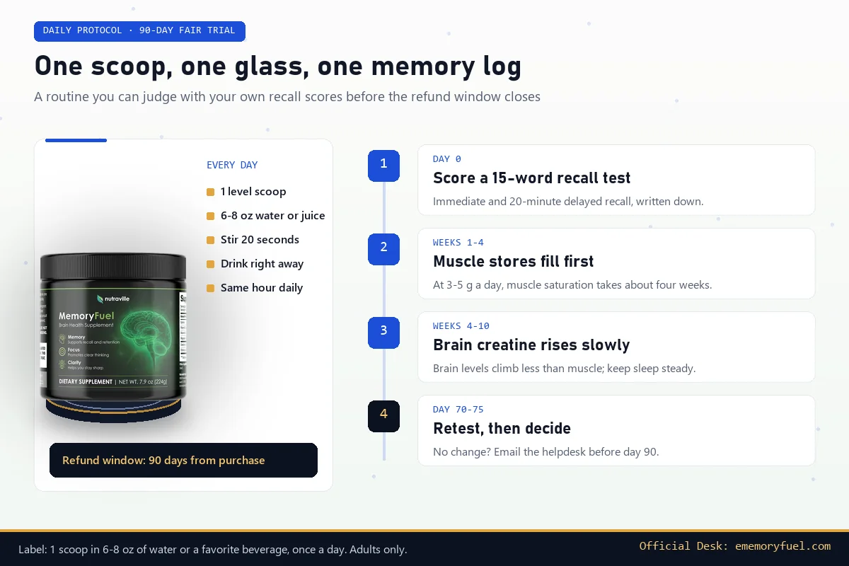 Daily protocol: one scoop in 6 to 8 oz of liquid, stirred and drunk right away, plus a four-step timeline from a day-0 recall test to a day 70 to 75 retest before the 90-day refund deadline